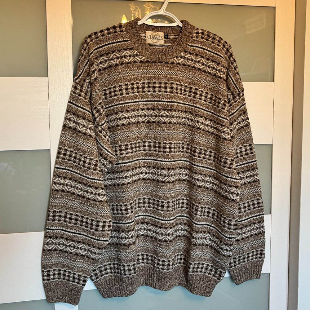 ‼️SOLD‼️ VINTAGE 90s R&R Classics Brown and White Knit Crew Sweater Pullover XL - Picture 1 of 13